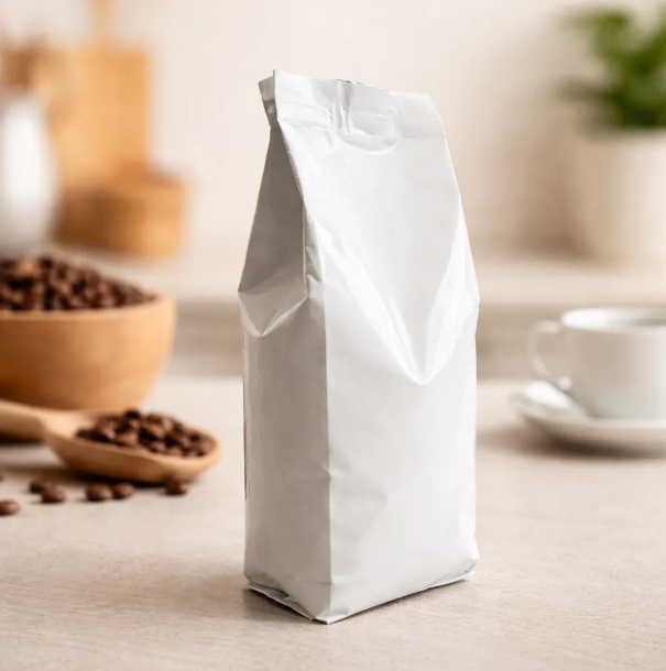 Bolsa con fuelle Blanca trilaminada 80 x 260 + 55mm. Para café x 250g (30)